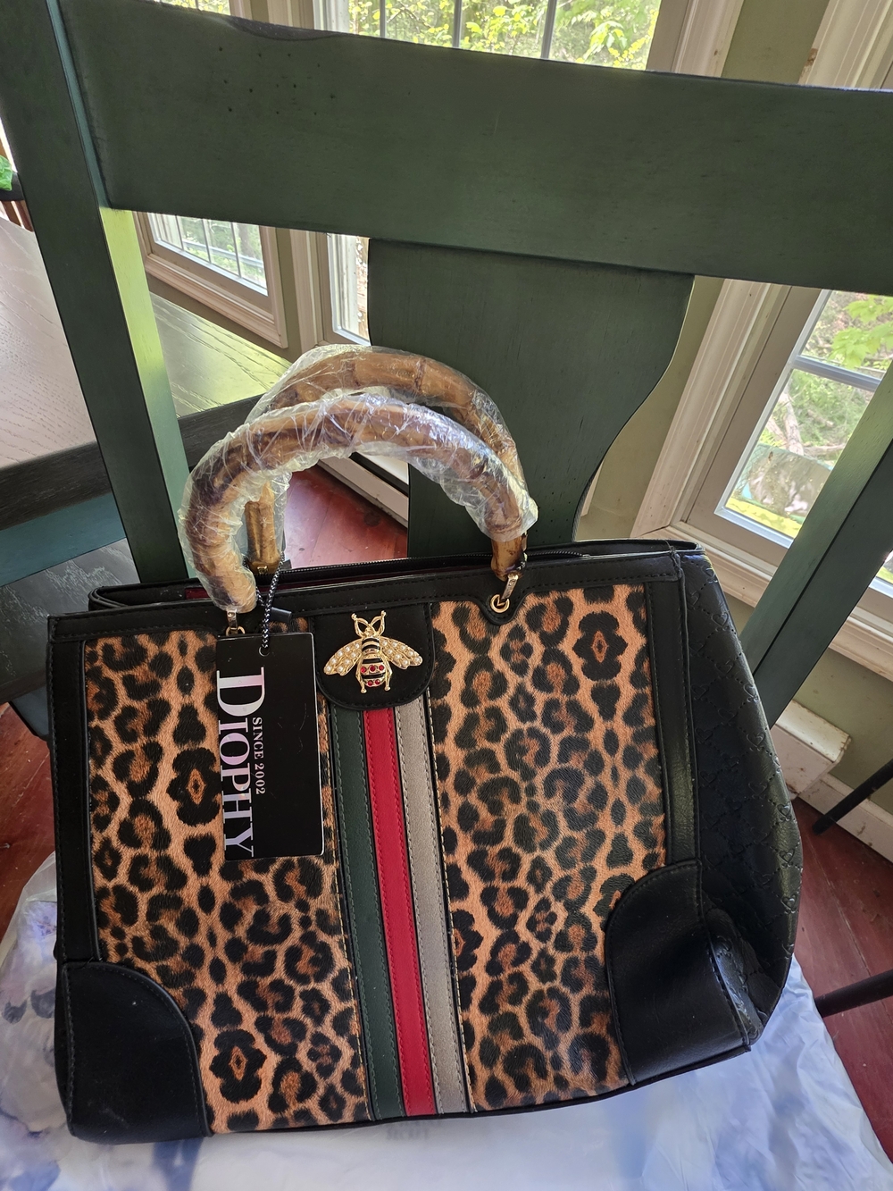 Leopard Print Top-Handle Tote with Black Trim and Red & Green Stripe